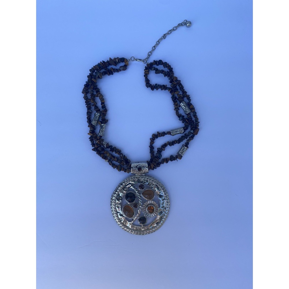 Necklace big pendant brown tone silver tone 17" inches bohemian chic 3"‎ pendant - Picture 8 of 12